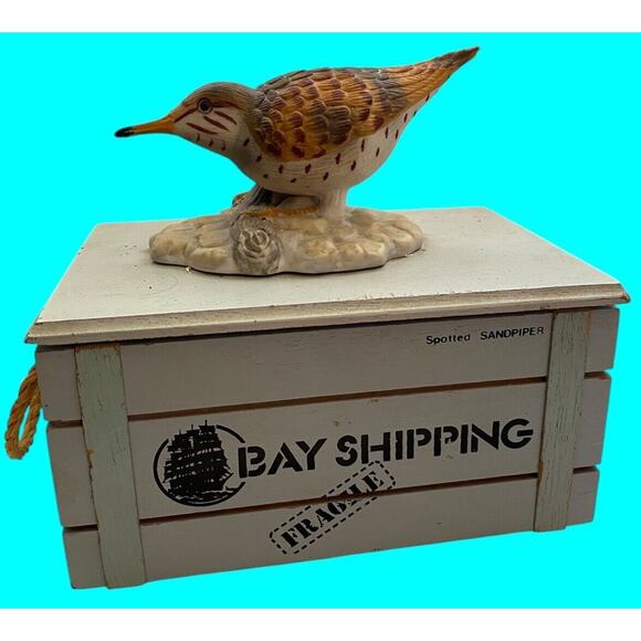 Wooden Trinket Box Marked Bay Shipping w/ Ceramic Spotted Sandpiper Bird on Top - Picture 2 of 14